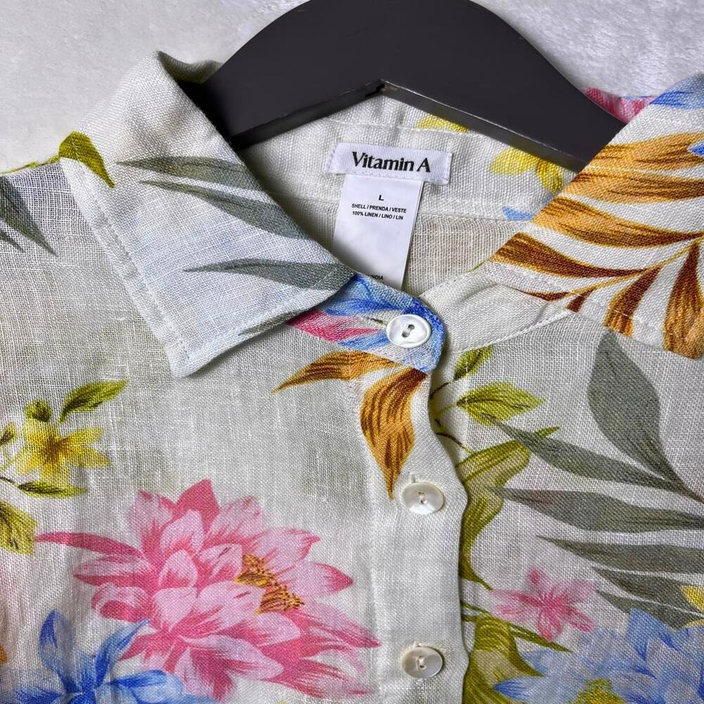 Vitamin A Playa Linen Boyfriend Shirt Women's L Natural Drapey Floral Color Pop - Picture 2 of 5
